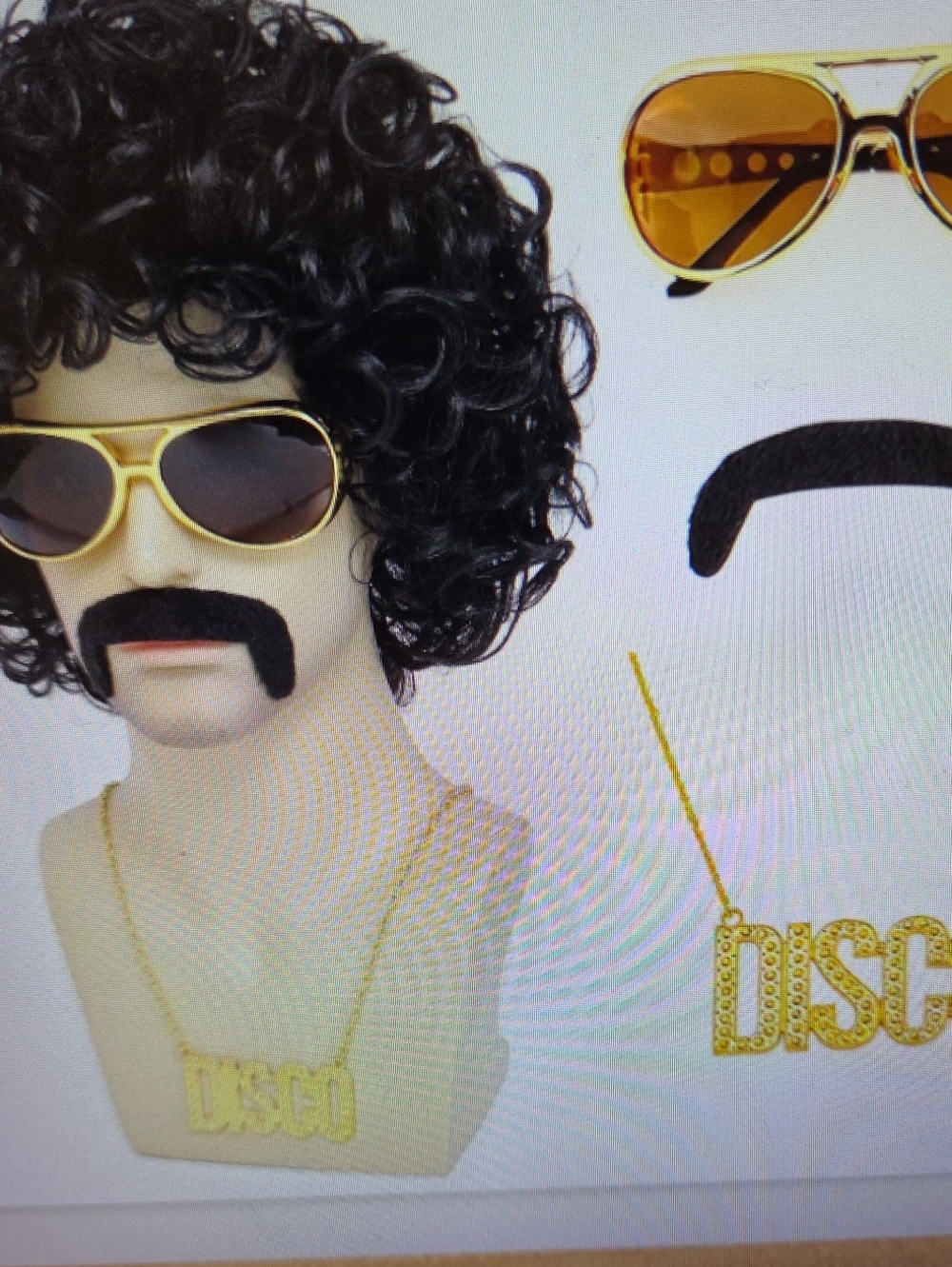 New 70s Disco Afro Curly Wig Gold Sunglasses & Necklace Set - 4 Pcs